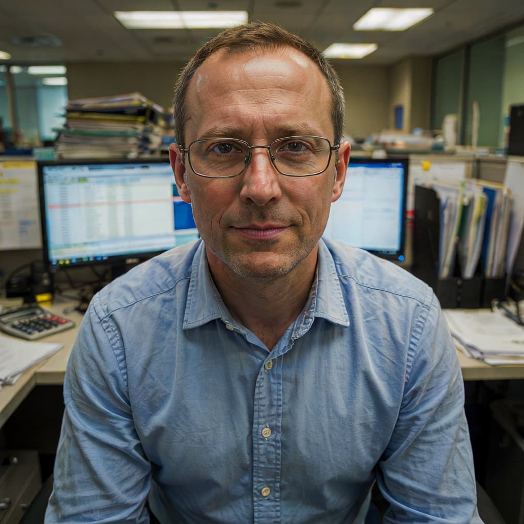 Office desk selfie of a male accountant before headshot generation
