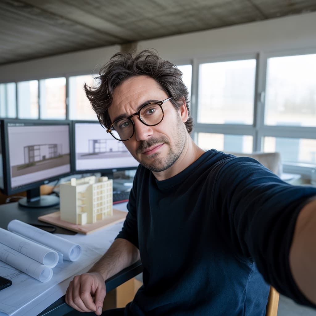 Studio desk selfie of a male architect with drawings and a model before headshot generation