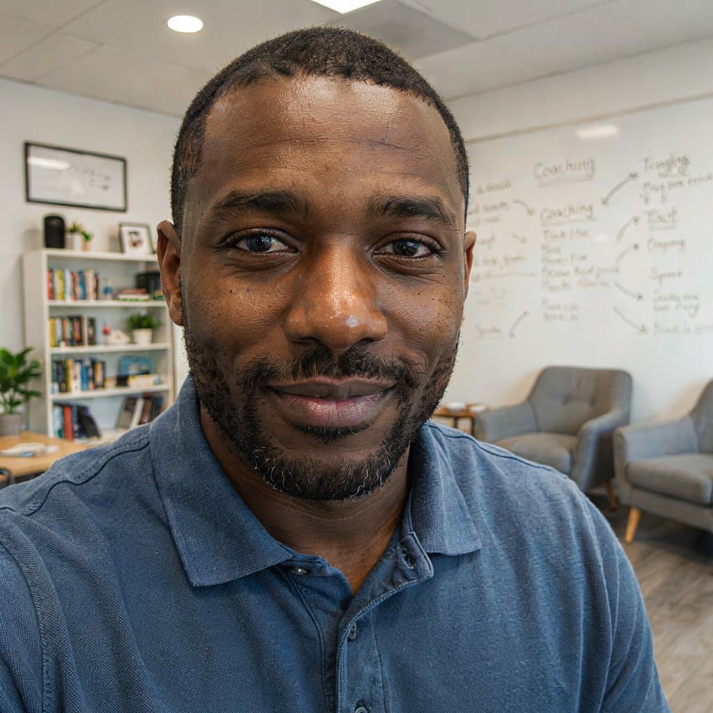 Office selfie of a male business coach before headshot generation