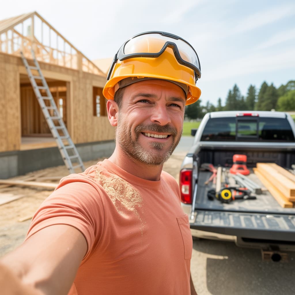 Construction site selfie of a male contractor in a hard hat before headshot generation