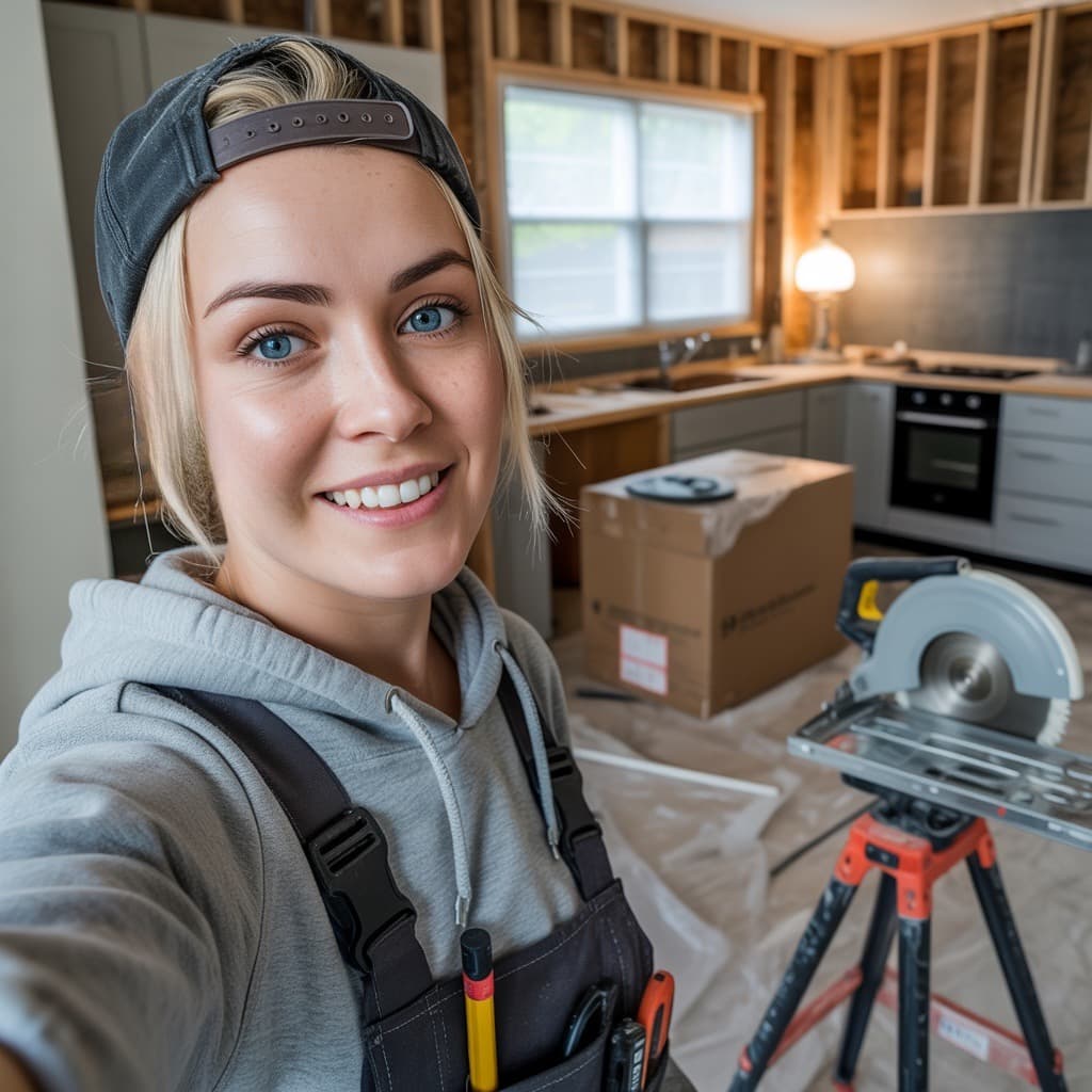 Kitchen renovation selfie of a female contractor before headshot generation