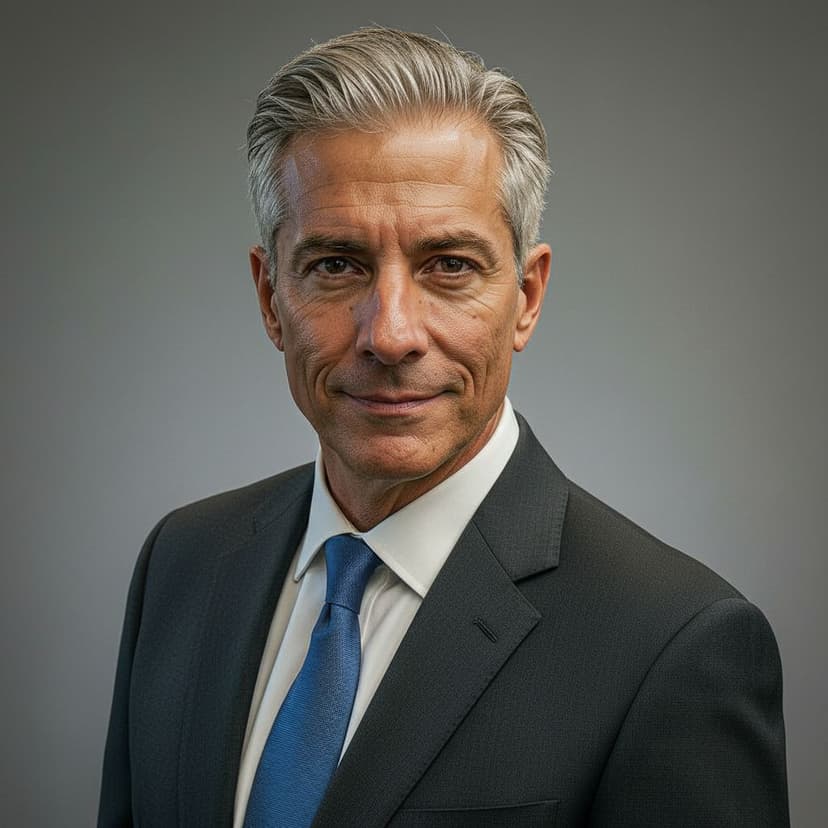 Executive professional headshot example: man in a suit against a dark background