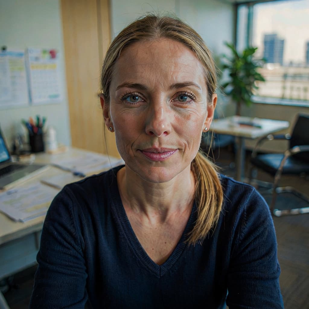 Office selfie of a female financial advisor before headshot generation
