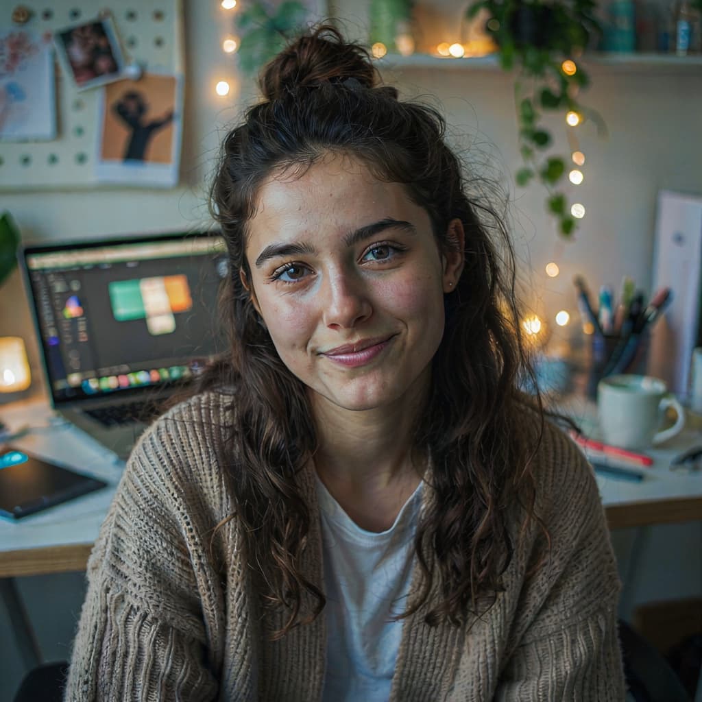Home office selfie of a female freelancer before headshot generation