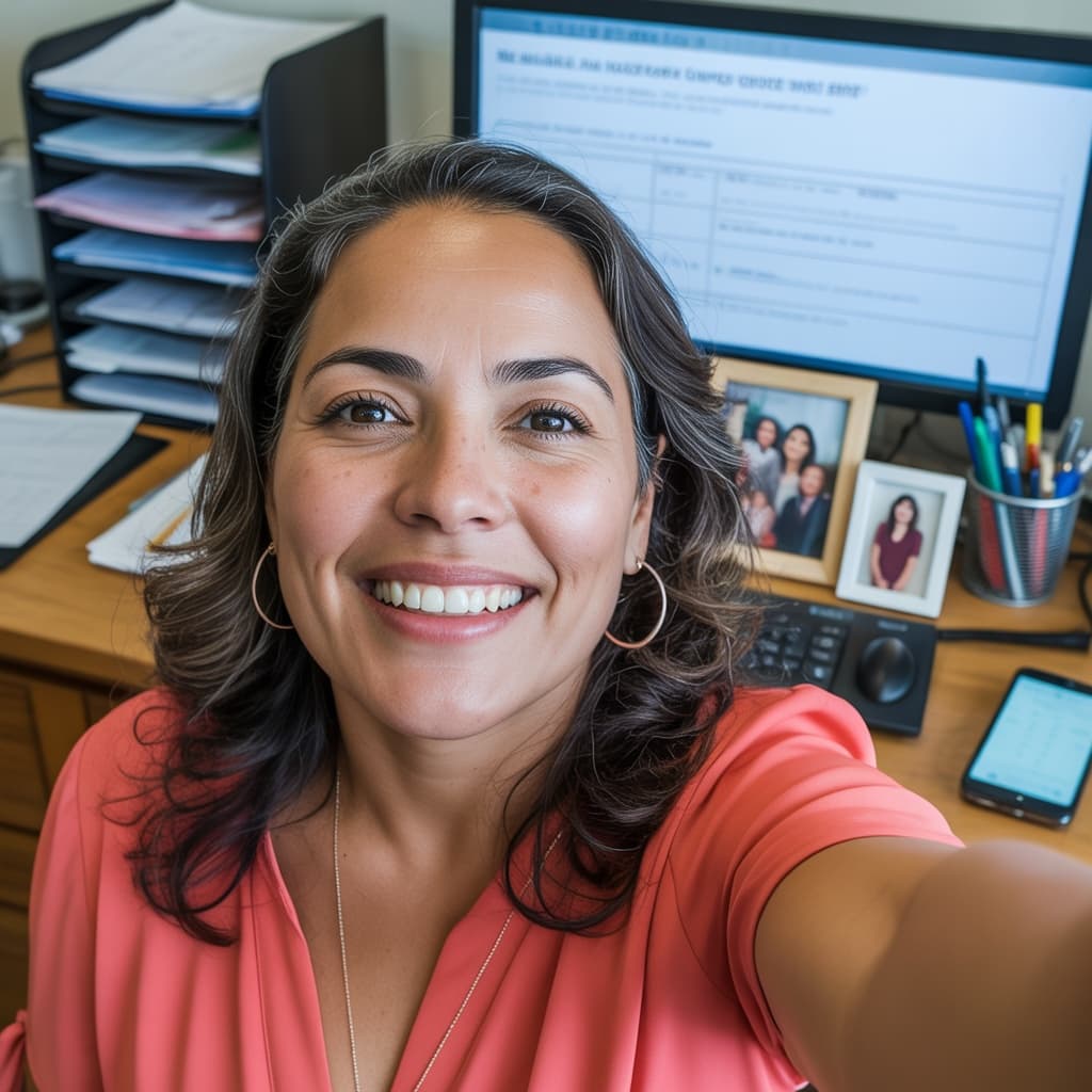 Office desk selfie of a female insurance agent before headshot generation