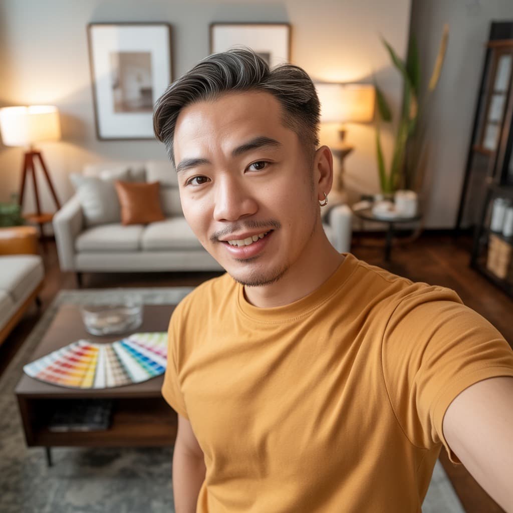 Furniture showroom selfie of a male interior designer before headshot generation