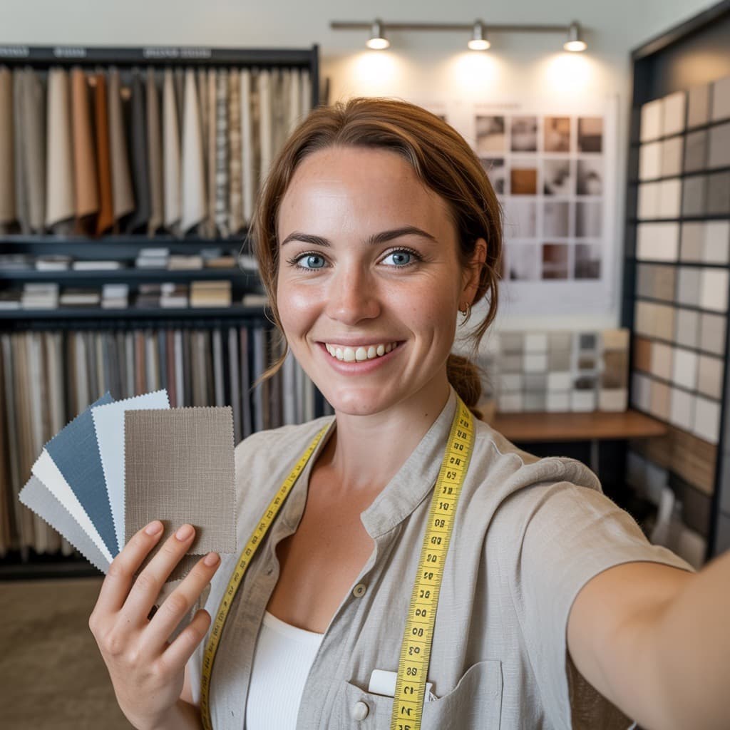 Showroom selfie of a female interior designer with fabric swatches before headshot generation
