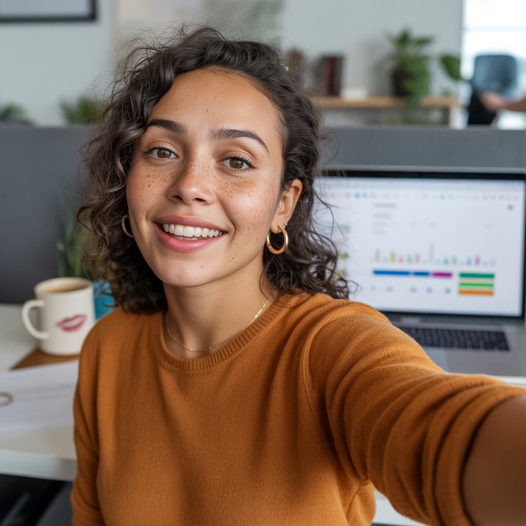 Co-working space selfie of a female marketing manager before headshot generation