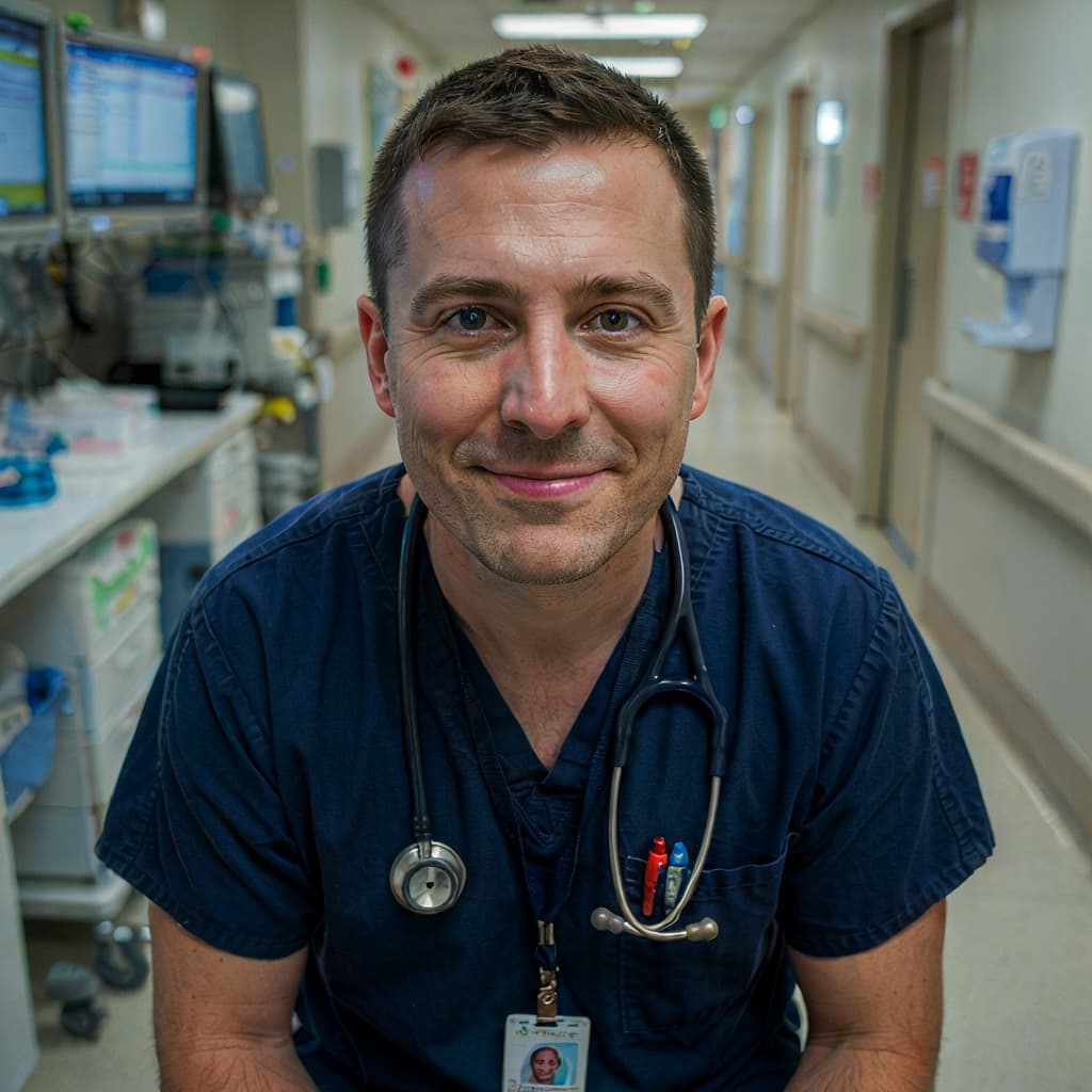 Ward scrubs selfie of a male nurse before headshot generation