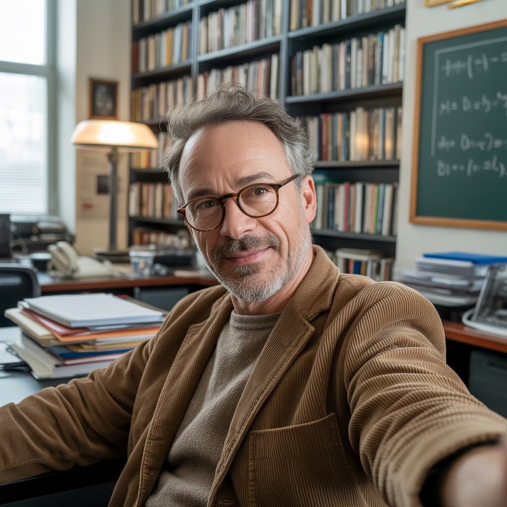 Book-lined office selfie of a male professor before headshot generation