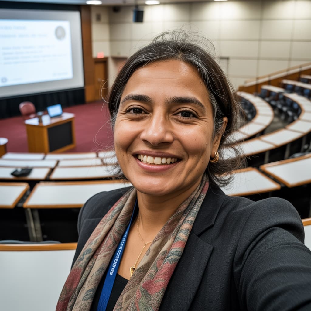 Lecture hall selfie of a female professor before headshot generation