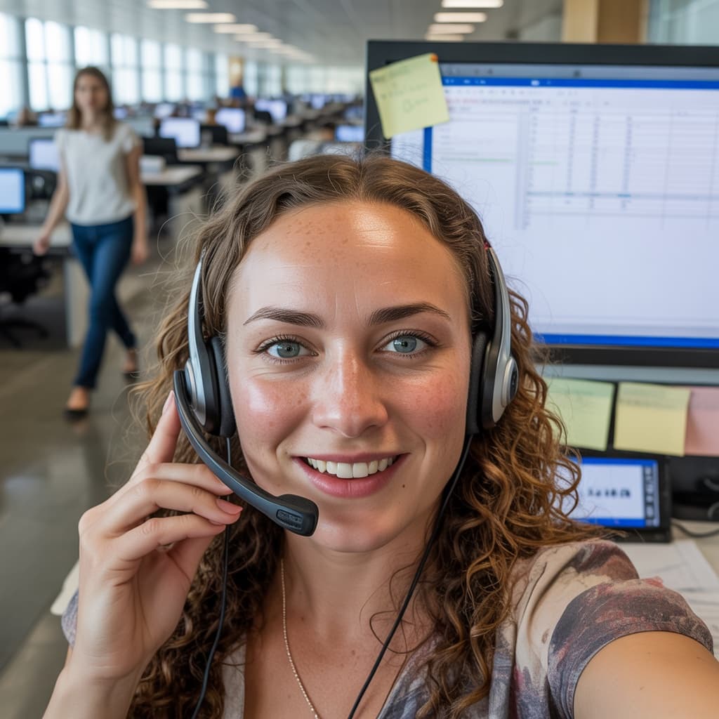 Office desk selfie of a female recruiter wearing a headset before headshot generation