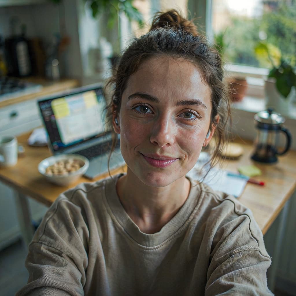 Kitchen table selfie of a female remote worker before headshot generation
