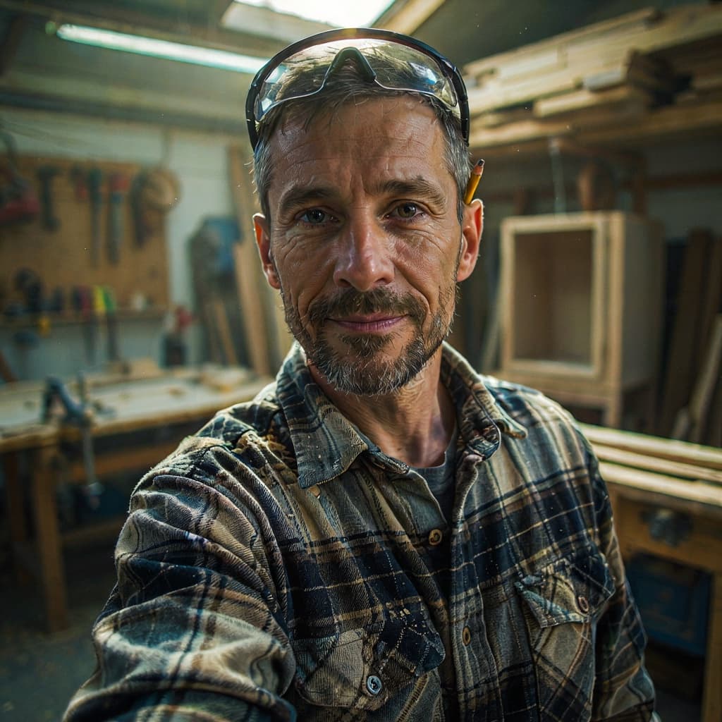 Workshop selfie of a male carpentry business owner before headshot generation