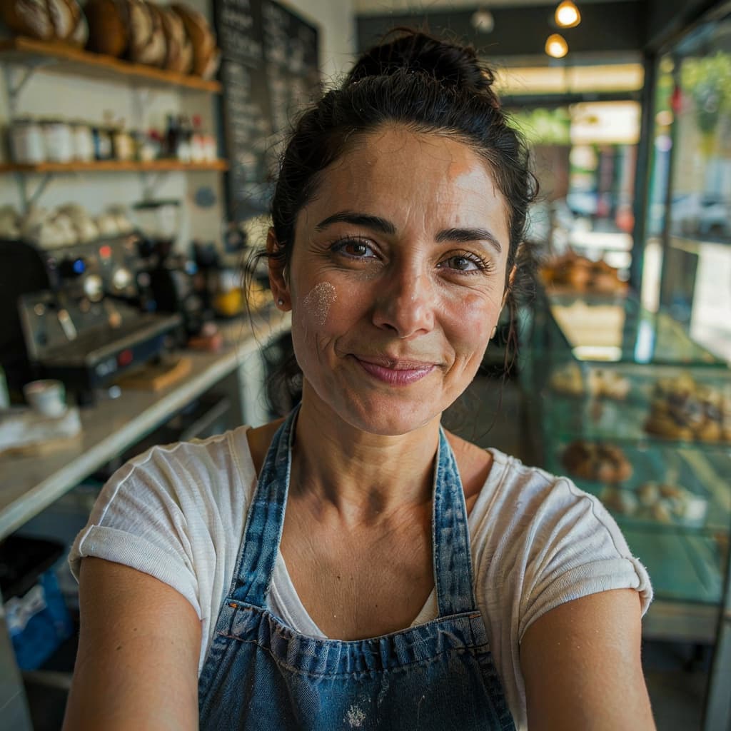 Bakery counter selfie of a female shop owner before headshot generation