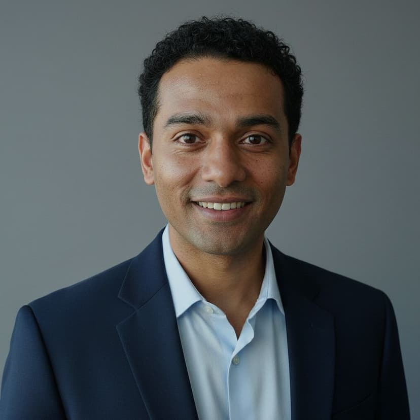 Consistent professional team headshot of a man in a blazer on a gray background