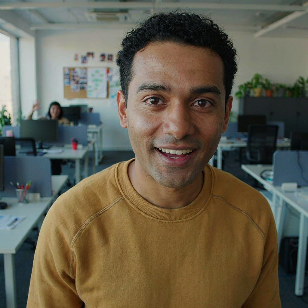 Office desk selfie of a male team member before team headshot generation