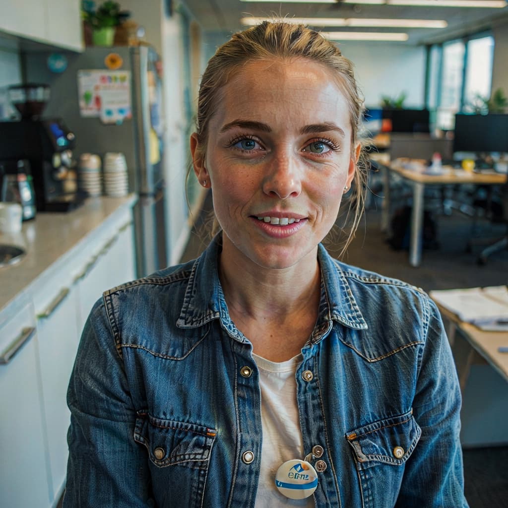 Office kitchen selfie of a female team member before staff photo generation