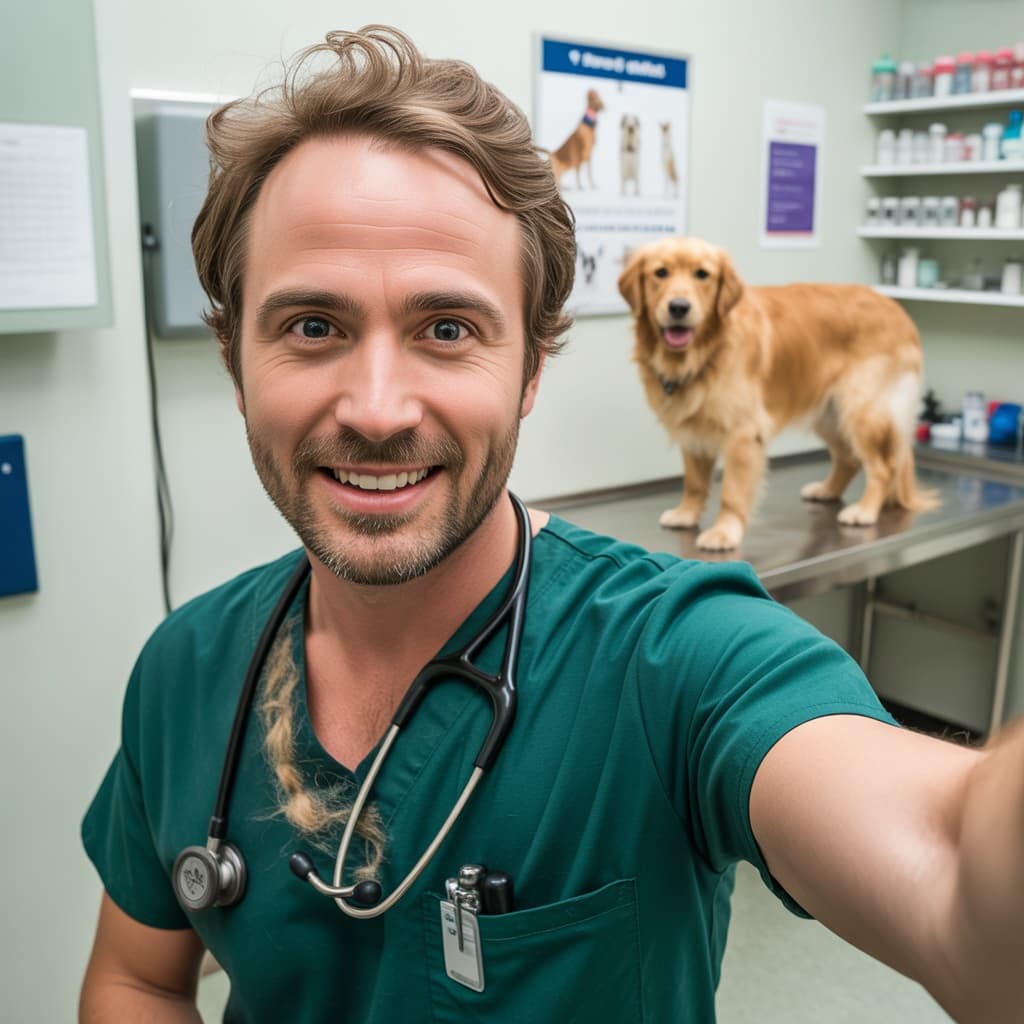 Exam room selfie of a male veterinarian in scrubs with a dog before headshot generation