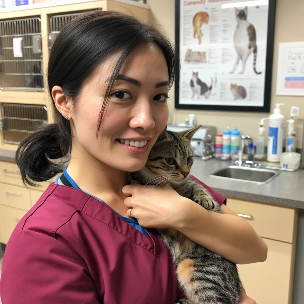 Clinic selfie of a female veterinarian holding a cat before headshot generation