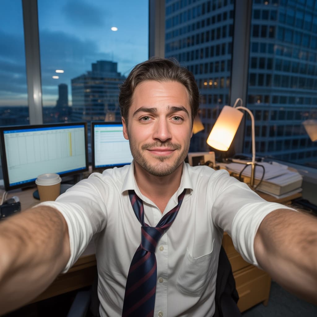 Late night desk selfie of a male banker with loosened tie before headshot generation