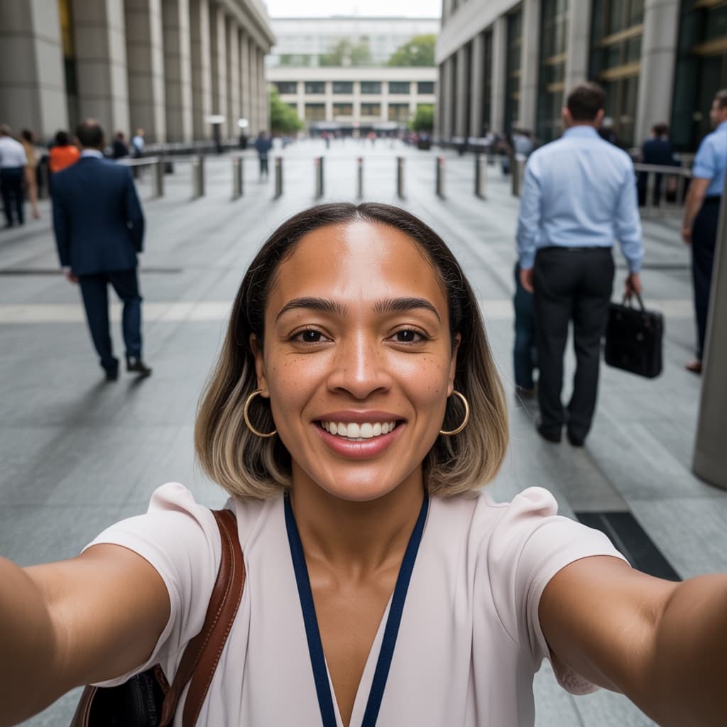 Office lobby selfie of a female banker before headshot generation