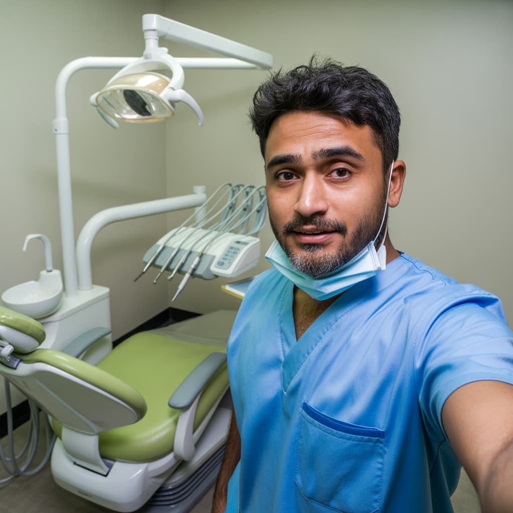 Scrubs selfie of a male dentist in his operatory before headshot generation