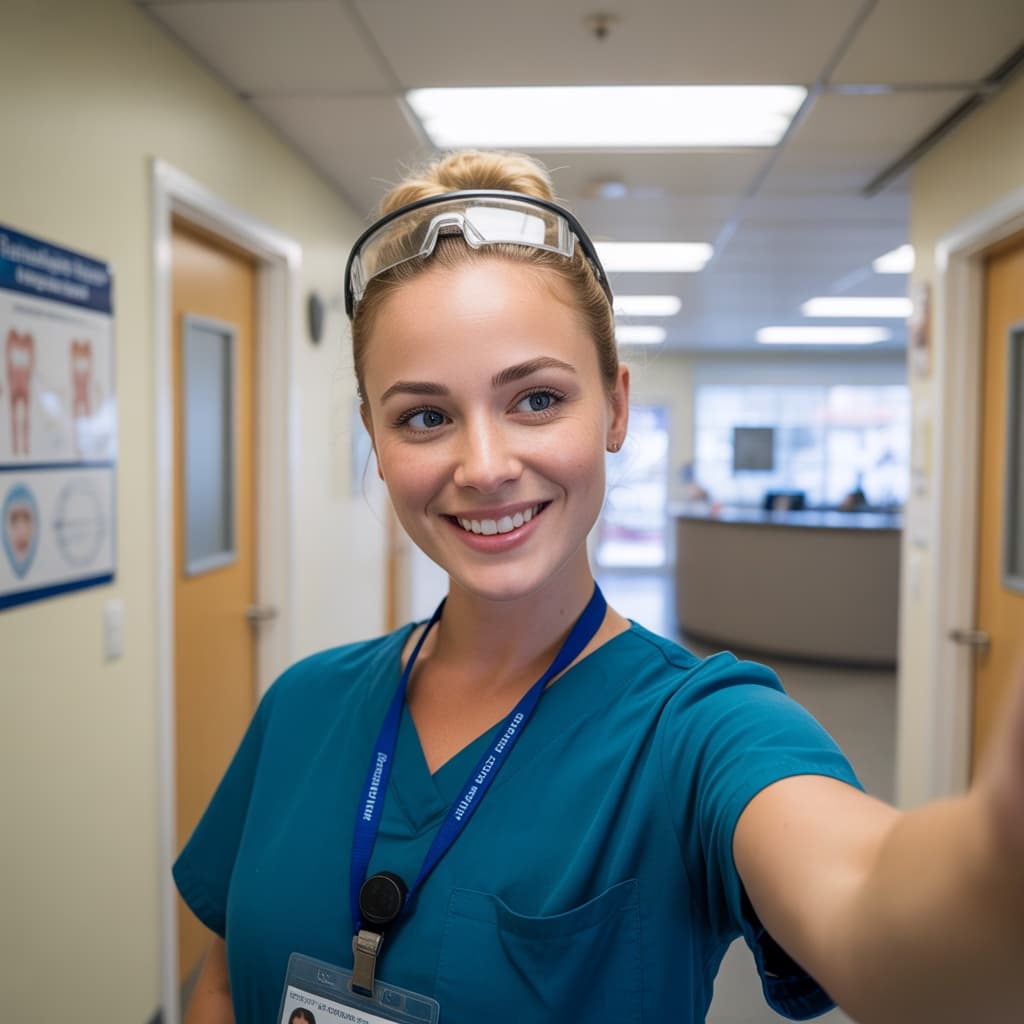 Clinic corridor selfie of a female dentist in scrubs before headshot generation