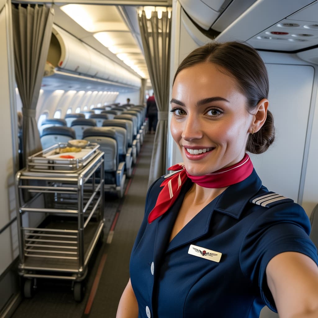 Aircraft galley selfie of a female flight attendant in uniform before headshot generation