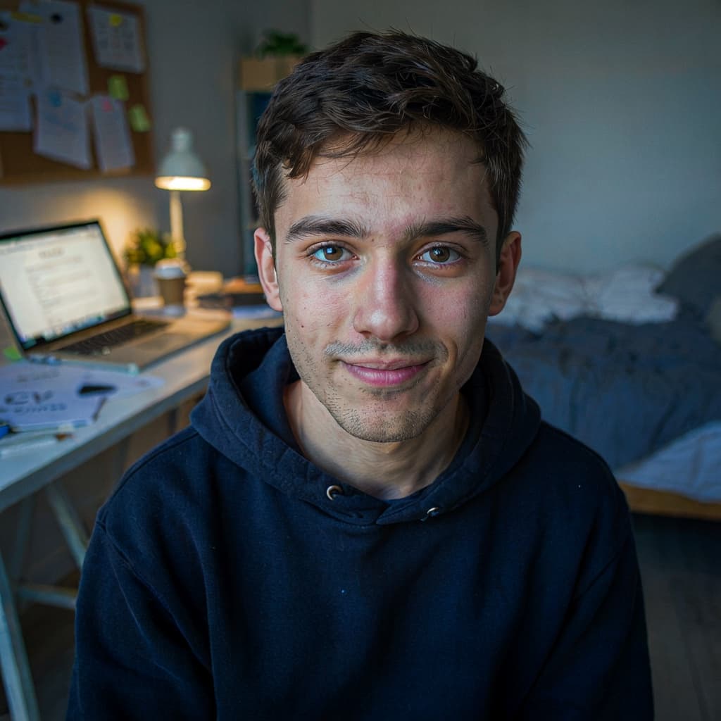 Bedroom desk selfie of a young man before job application photo generation