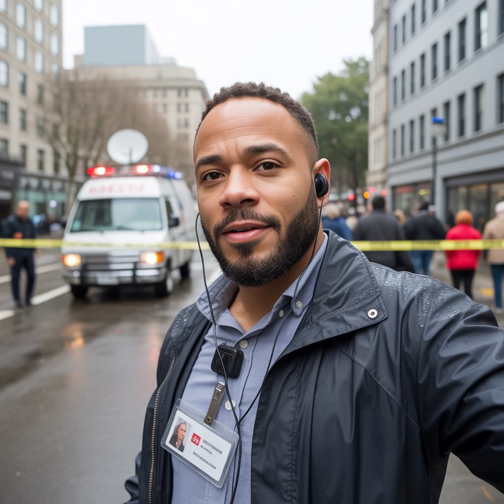 On-location selfie of a male journalist with a press badge before headshot generation