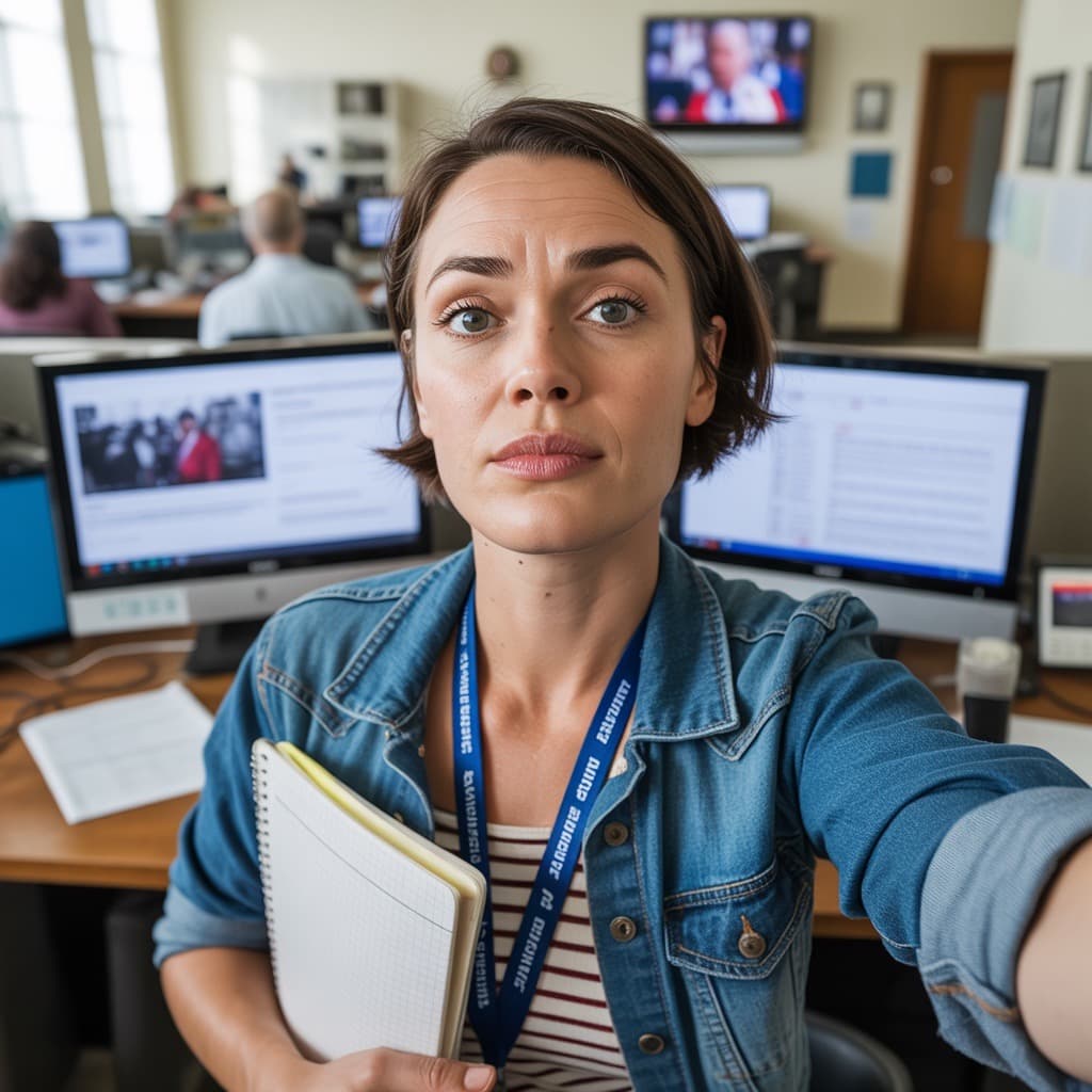 Newsroom desk selfie of a female journalist before headshot generation