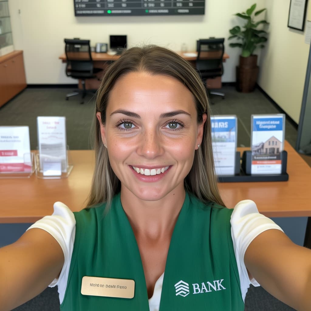 Bank branch selfie of a female loan officer before headshot generation