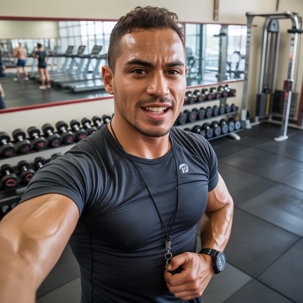 Gym floor selfie of a male personal trainer after a workout before headshot generation