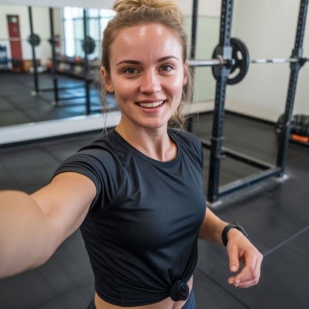 Training area selfie of a female personal trainer before headshot generation