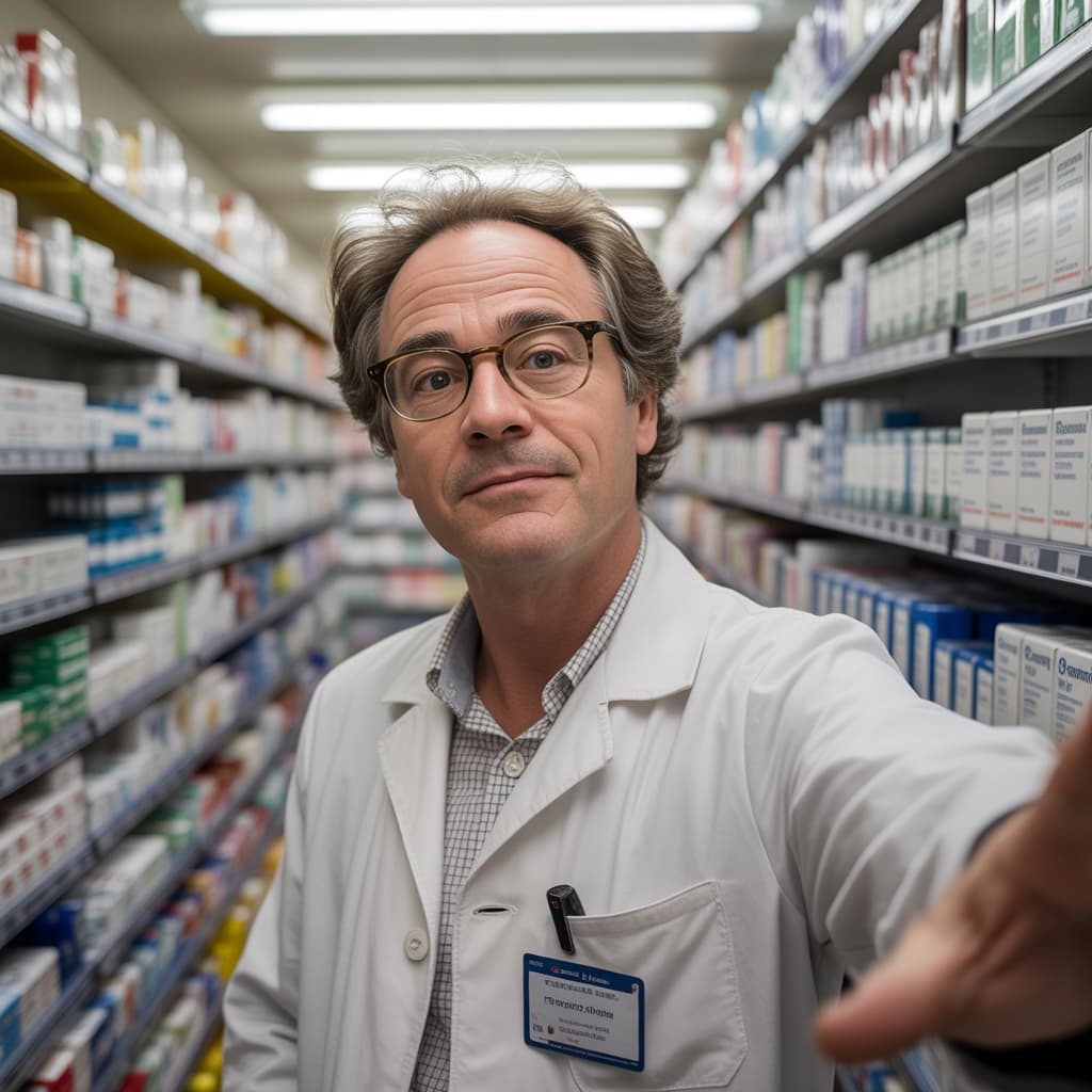 Dispensary aisle selfie of a male pharmacist in a white coat before headshot generation