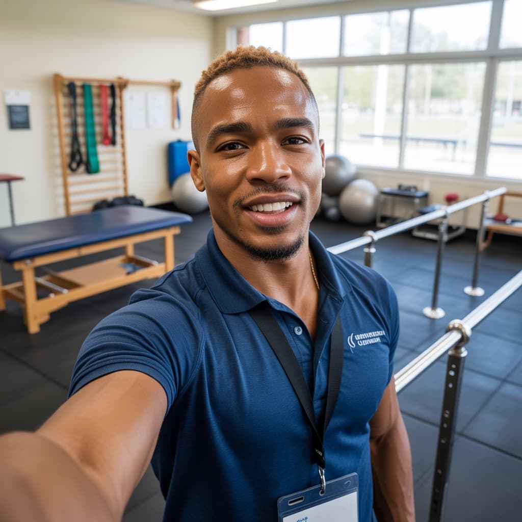 Rehab gym selfie of a male physical therapist in a clinic polo before headshot generation