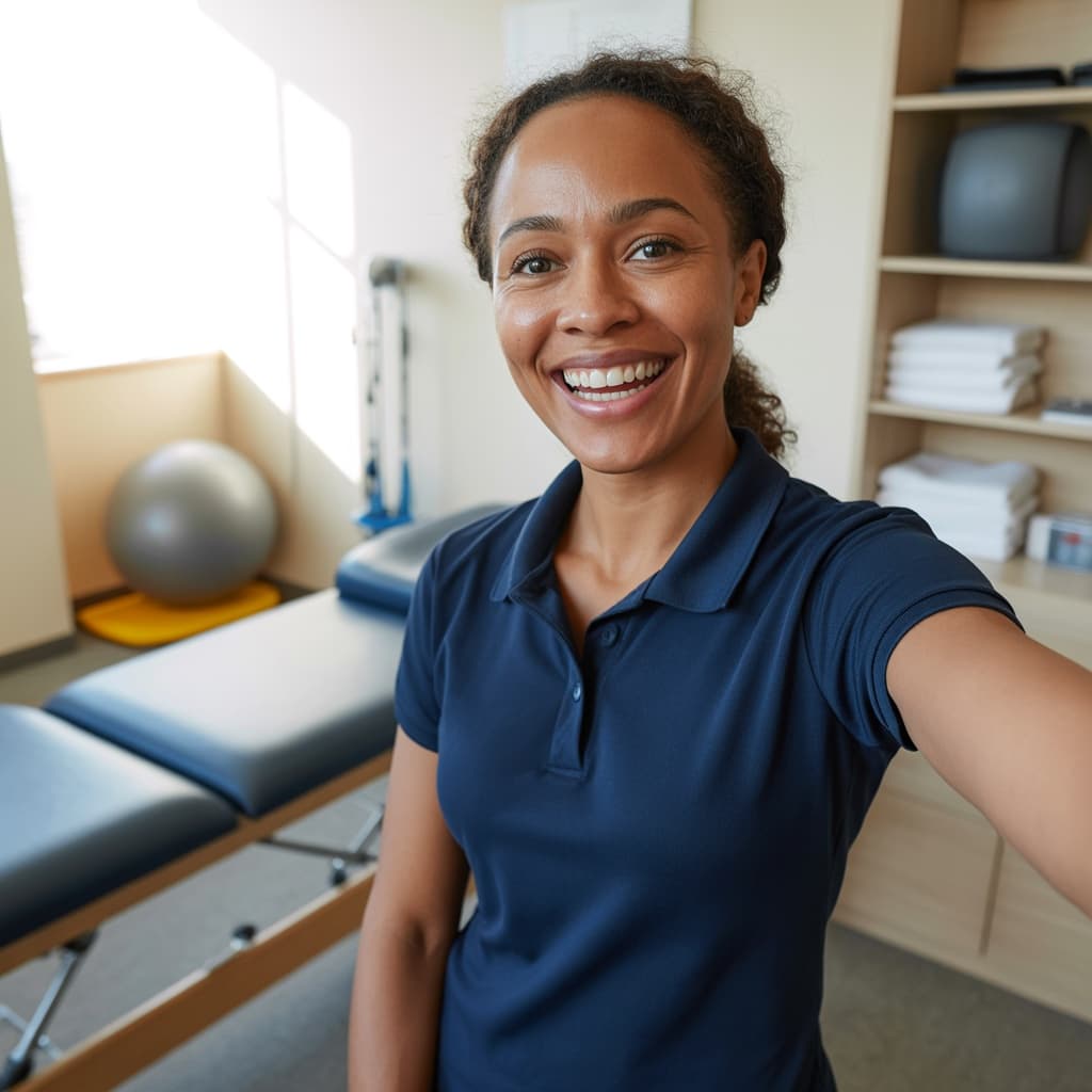 Clinic selfie of a female physical therapist before headshot generation