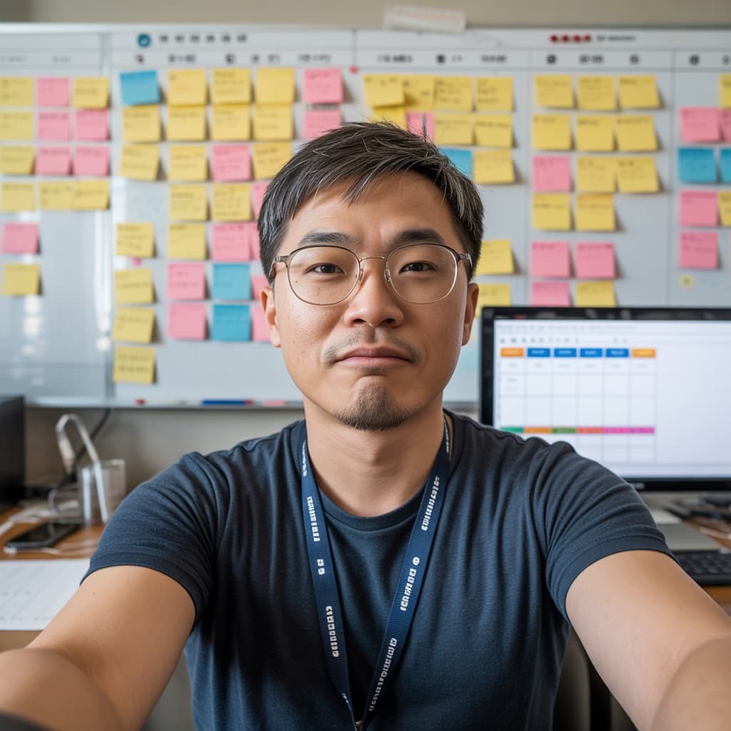Whiteboard selfie of a male product manager with sticky notes before headshot generation